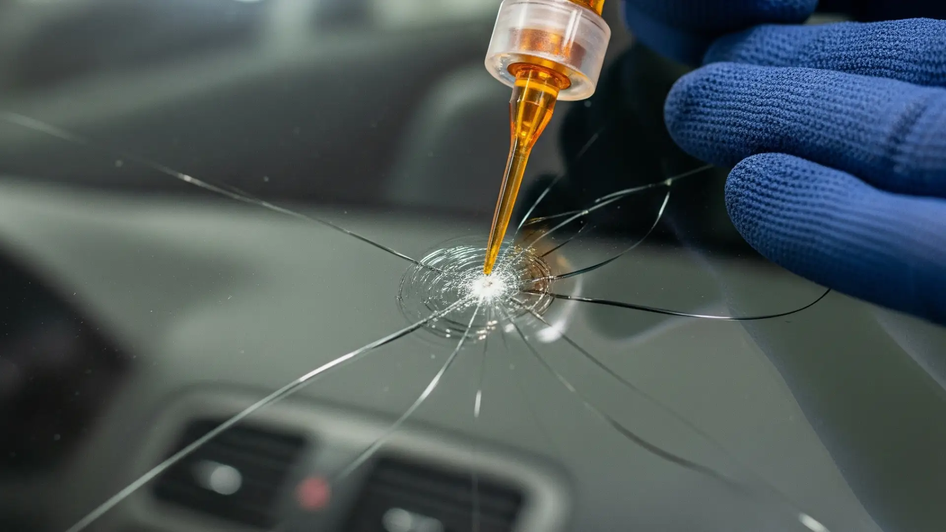 Technician repairing cracked car windshield